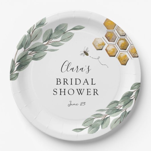 Meant to Bee Honeycomb Eucalyptus Bridal Shower Pappteller (Vorderseite)