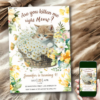 Meau! 1. Geburtstagsmarine Floral Niedlich Kitten Einladung