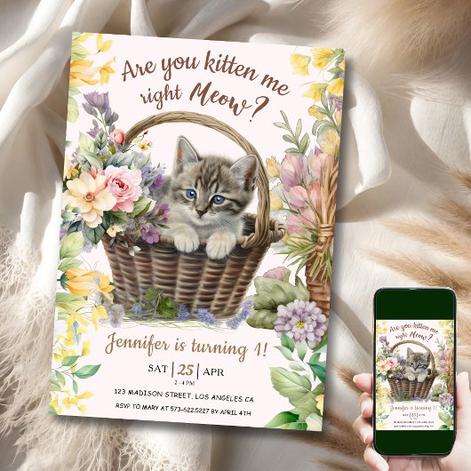 Meau! Floral Niedlich Kitten Girl Cat 1. Geburtsta Einladung