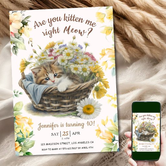 Meau! Niedlich Kitten Floral Kitty Cat 10. Geburts Einladung