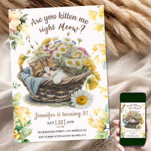 Meau! Niedlich Kitten Floral Kitty Cat 8. Geburtst Einladung