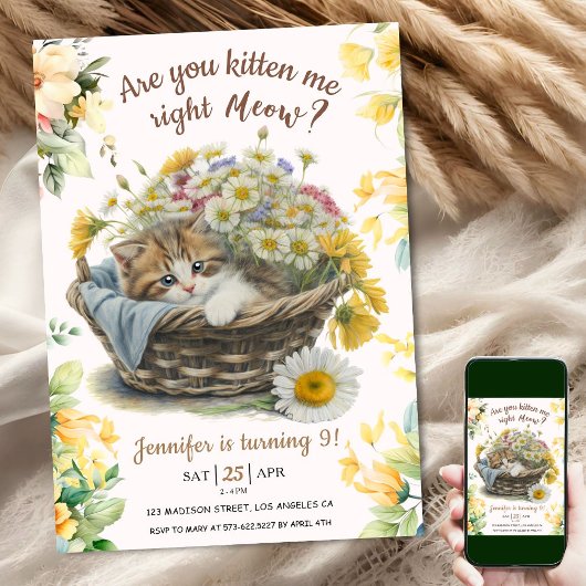 Meau! Niedlich Kitten Floral Kitty Cat 9. Geburtst Einladung