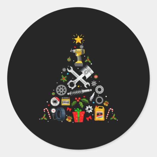 Mechanic Christmas Ornament Tree In Garage Car Mec Runder Aufkleber (Vorderseite)