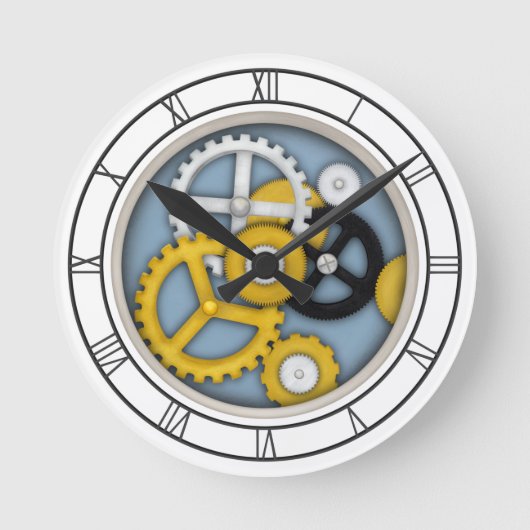 Mechanical Clockwork Illusion Trompe L'oeil Blue Runde Wanduhr (Vorderseite)