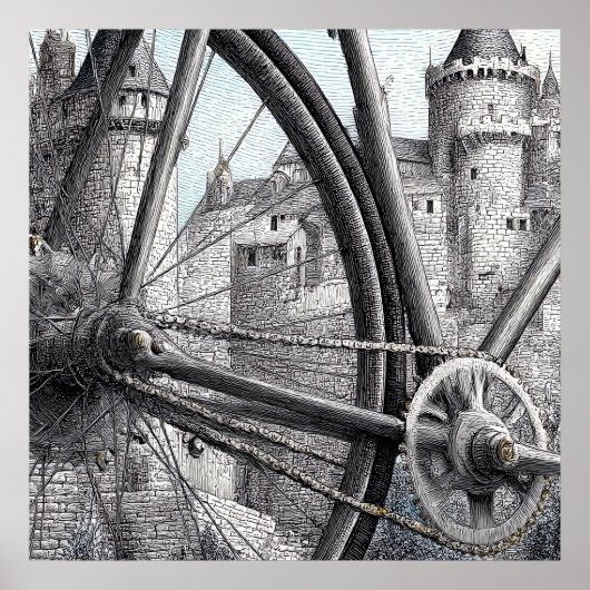 Mechanical Contrast: Bicycle Design in Medieval Poster (Vorne)