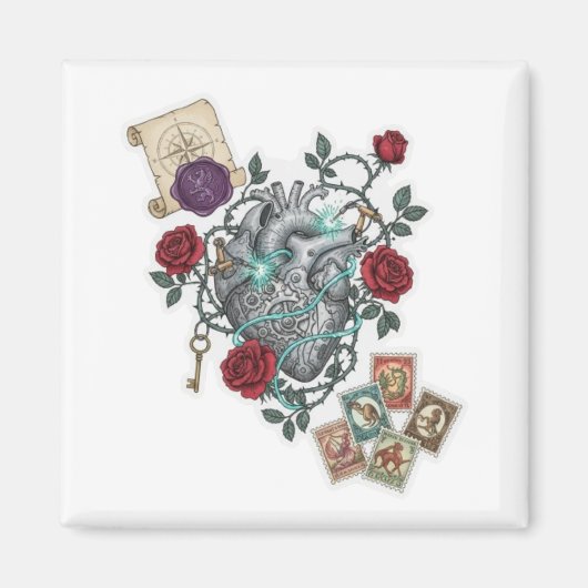 Mechanical Heart with Roses – Vintage Surreal Art Magnet (Vorne)