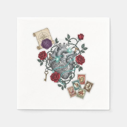 Mechanical Heart with Roses – Vintage Surreal Art Serviette (Vorderseite)