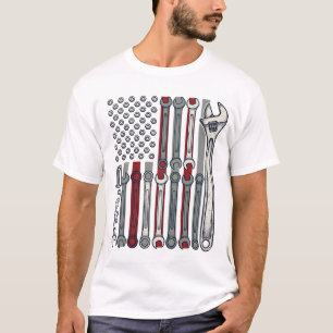 Mechanik-Schraubenschlüssel-Flagge Vintage-Gravur- T-Shirt