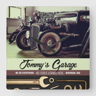 Mechaniker Custom Auto Motorrad Garage Quadratische Wanduhr