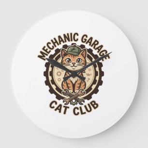 Mechaniker Garage Katze POD Vektor Kunst - Mechani Große Wanduhr