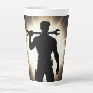 Mechaniker-Silhouette Schraubenschlüssel über der Milchtasse