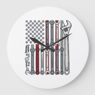 Mechanikerschraubenschlüssel Flagge Vintage Gravur Große Wanduhr