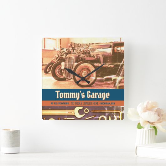 Mechanische Automotorradgarage Quadratische Wanduhr (Zuhause)