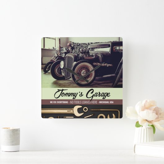 Mechanische Automotorradgarage Quadratische Wanduhr (Zuhause)