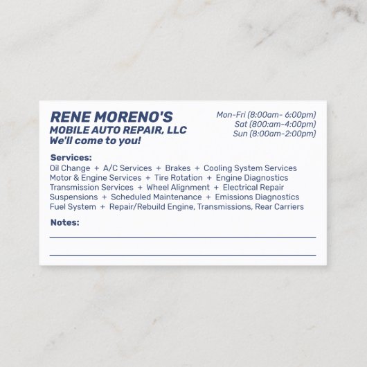 Mechanische Reparatur von Personenkraftwagen, 2 Se Visitenkarte (Rückseite)