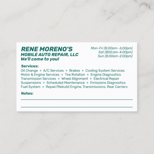 Mechanische Reparatur von Personenkraftwagen 2 Sei Visitenkarte (Rückseite)