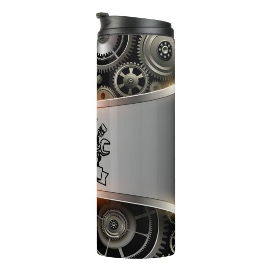 Mechanische Werkzeuge Emblem Getriebe Hintergrund Thermosbecher (Nach rechts gedreht)