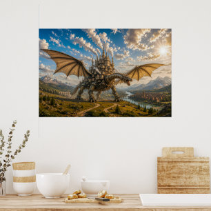 Mechanischer Drache, der eine Steampunk-Schlosssta Poster