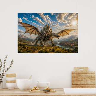 Mechanischer Drache, der eine Steampunk-Schlosssta Poster
