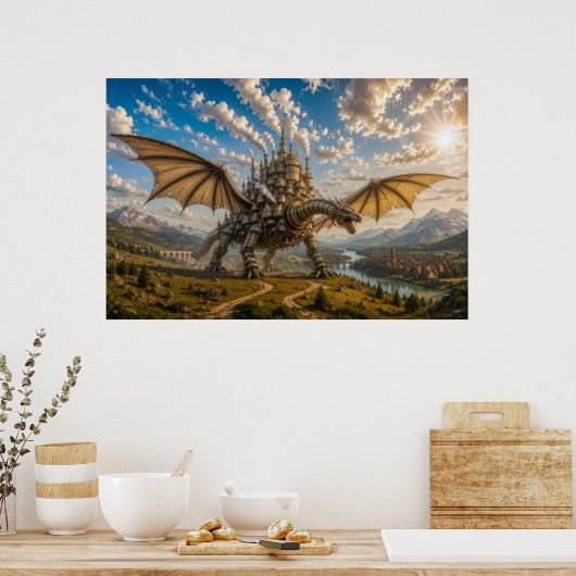 Mechanischer Drache, der eine Steampunk-Schlosssta Poster (Küche)