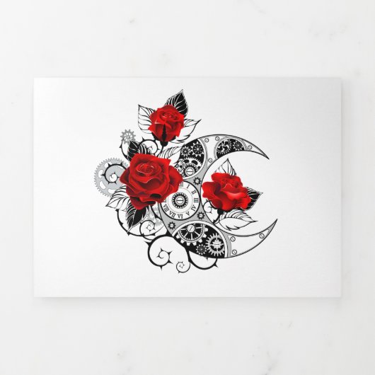 Mechanischer Halbmond mit Rote Rosen Dreifach Gefaltete Einladung (Cover)
