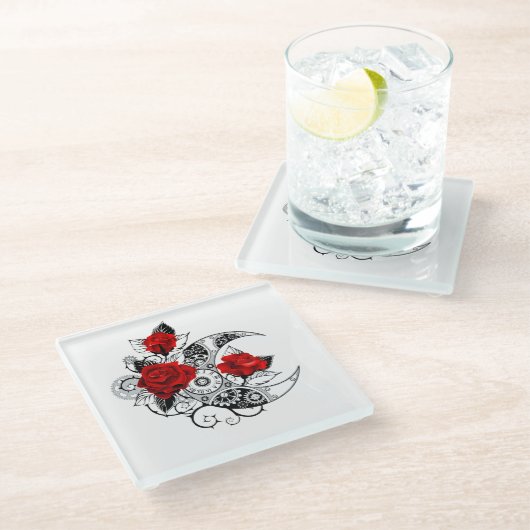 Mechanischer Halbmond mit Rote Rosen Glasuntersetzer (Schrägansicht)