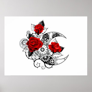Mechanischer Halbmond mit Rote Rosen Poster