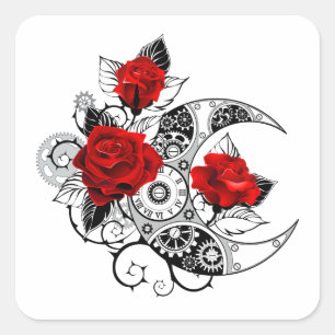 Mechanischer Halbmond mit Rote Rosen Quadratischer Aufkleber