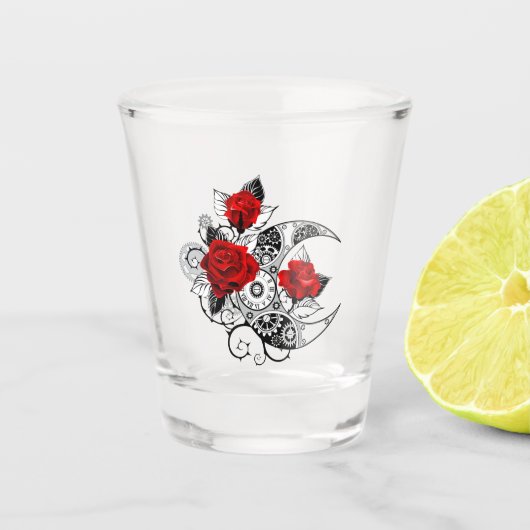 Mechanischer Halbmond mit Rote Rosen Schnapsglas (Vorderseite)