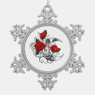 Mechanischer Halbmond mit Rote Rosen Schneeflocken Zinn-Ornament
