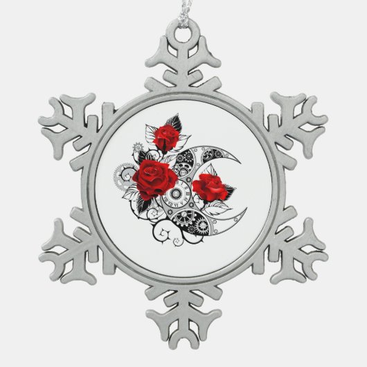 Mechanischer Halbmond mit Rote Rosen Schneeflocken Zinn-Ornament (Vorderseite)