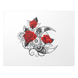 Mechanischer Halbmond mit roten Rosen Notizblock