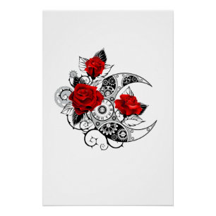 Mechanischer Halbmond mit roten Rosen Poster