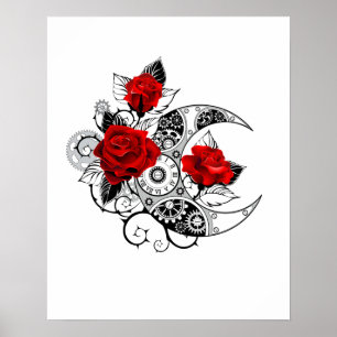 Mechanischer Halbmond mit roten Rosen Poster