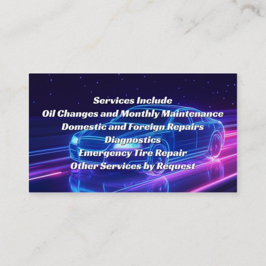 Mechanisches mobiles Auto Reparatur Foto Lila Neon Visitenkarte (Rückseite)