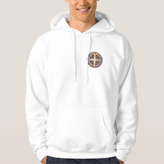 Medaille St. Benedict auf weißem mit Kapuze Hoodie (Vorderseite)