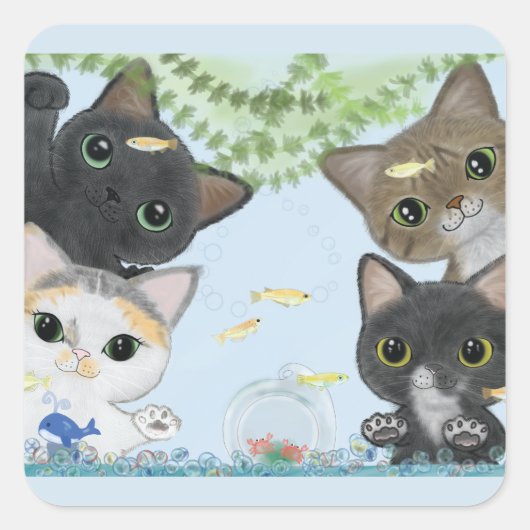 Medaka Cats Quadratischer Aufkleber (Vorderseite)