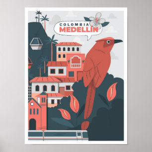Medellin Colombia Art Vintage Travel Illustration Poster