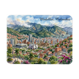 Medellin, Kolumbien Panoramablick Wasserfarben Kun Magnet
