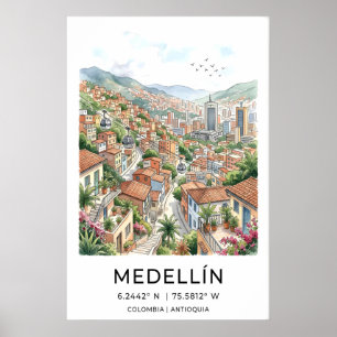 Medellin Reise Kunst Druck Boho Aquarell Stadt Poster