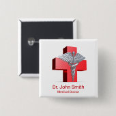 Medical 3D Caduceus Cross Red Silver Button (Vorne & Hinten)