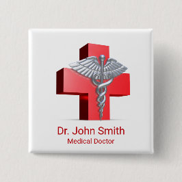 Medical 3D Caduceus Cross Red Silver Button