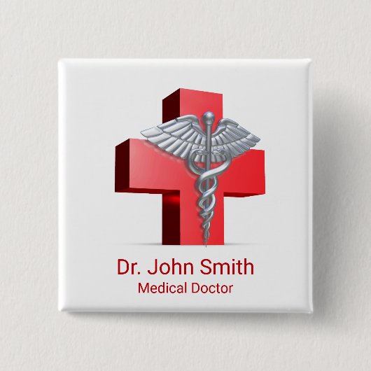 Medical 3D Caduceus Cross Red Silver Button (Vorderseite)