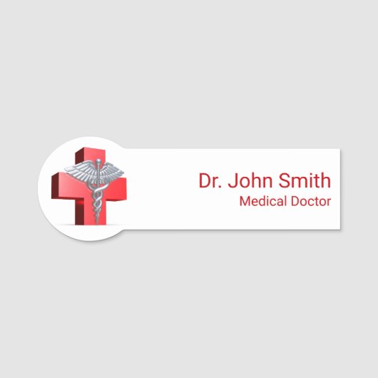 Medical 3D Caduceus Cross Red Silver Namensschild (Vorderseite)