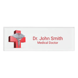 Medical 3D Caduceus Silver Cross Rot Namenschild