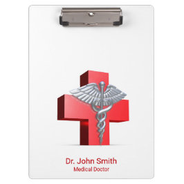 Medical 3D Silver Caduceus Cross Red Klemmbrett