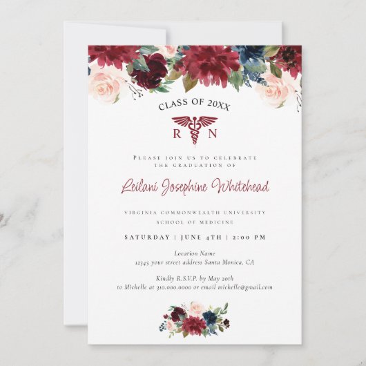Medical Burgundy Red Floral Graduation Party (Vorderseite)
