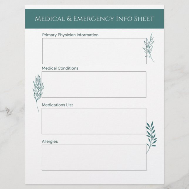 Medical & Emergency Info Sheet Briefbogen (Vorderseite)