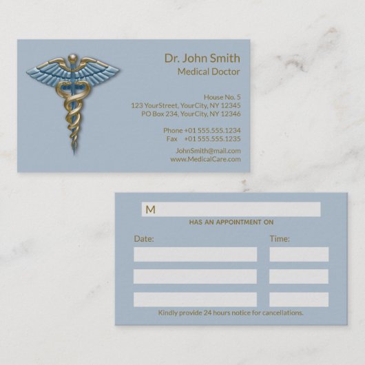 Medical Light Blue Gold Caduceus Fine Beruflich Terminkarte (Vorne/Hinten)