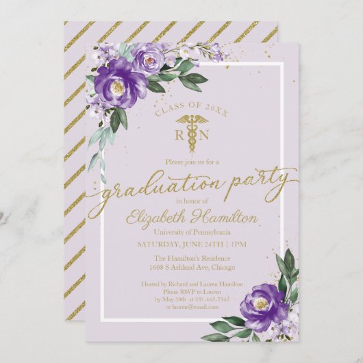 Medical Nursing School Grad Party Lila Einladung (Vorne/Hinten)